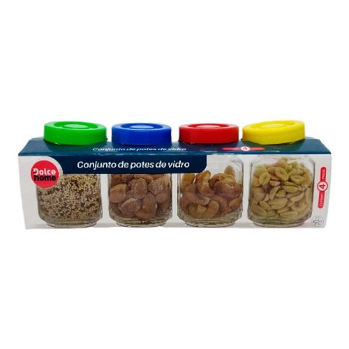 Conjunto de Potes de Vidro C/ Tampas Coloridas 8x8x6cm Dolce Home