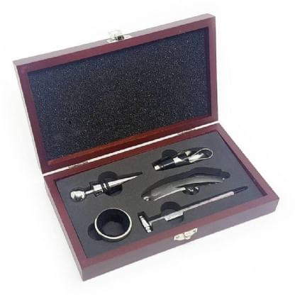 Kit Vinho Luxo Estojo Madeira Acessórios 5 Peças Saca Rolha Livon Shop