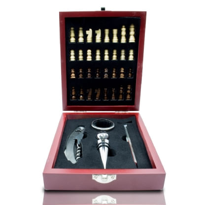 Kit vinho 4 peças em metal  com jogo de xadrez incluso Livon