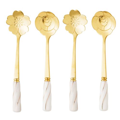 Conjunto de Colheres Flowers P/ Chá de Aço C/ Cabo de Cerâmica Dourado/Branco 4 Peças Rojemac