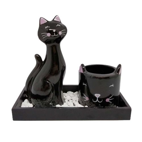 Kit Decorativo Gatinho C/ Suporte em Madeira e Cerâmica FWB
