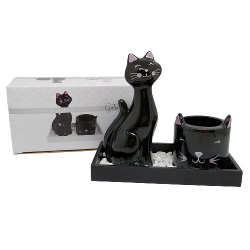 Kit Decorativo Gatinho C/ Suporte em Madeira e Cerâmica FWB