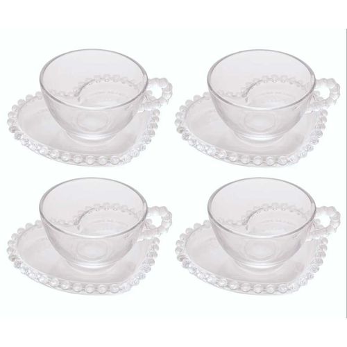 Conjunto de Xícaras C/ Pires Coração Pearl de Cristal 180ml 4 Peças Rojemac