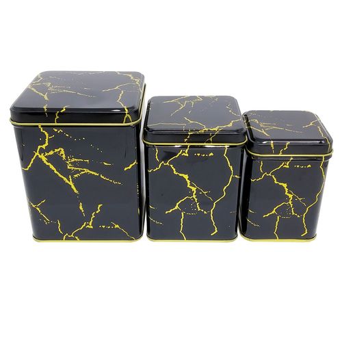 Conjunto de Latas Decorativa 3 Peças em Metal  Preto C/ Detalhe Gold Dolce Home