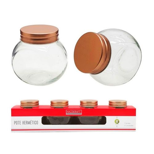 Jogo de Potes Hermético 190ml 4 Peças de Vidro C/ Tampa em Metal Rose Gold  Hauskraft