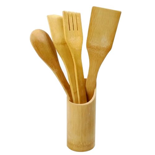 Kit talheres em bambu com 4 peças e suporte Kehome