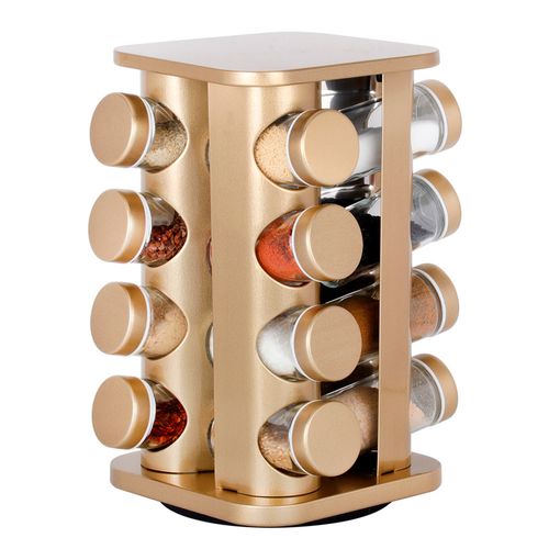 Porta Tempero Giratório  16 Peças em Vidro + Suporte em Aço Inox Gold Livon