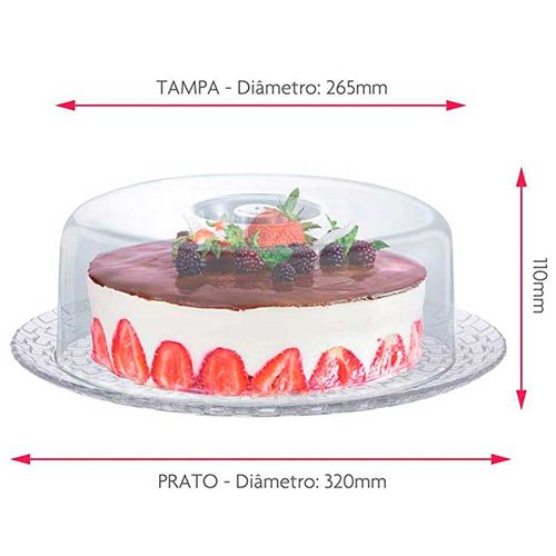 Prato P/ Bolo de Vidro C/ Tampa em Acrílico 30cm  Ruvulo Dagia