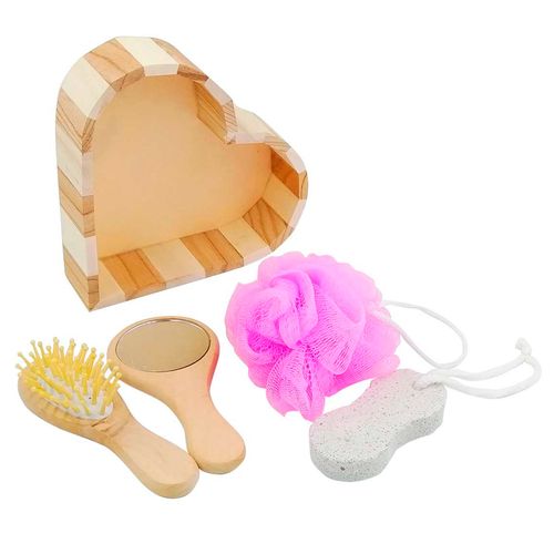 Kit P/ Banho 4 Peças + Cesto Coração em Madeira Sanxia