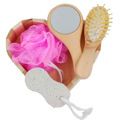 Kit P/ Banho 4 Peças + Cesto Coração em Madeira Sanxia