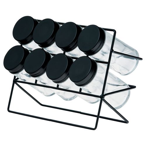 Jogo de Porta Tempero 8 Potes+Suporte em Metal/Vidro Lyor