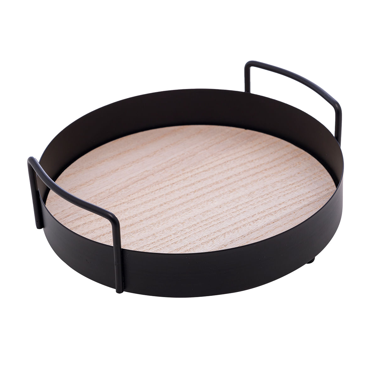 Bandeja Redonda Metal/MDF com Alça 20x6cm Preto Lyor