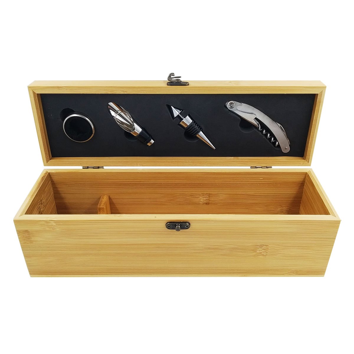 Kit Abridor de Vinho 4 Peças em Aço Inox + Caixa em Bambu