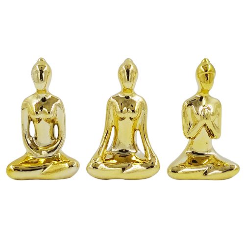 Jogo de Miniatura Yoga 6cm 3 Peças Dourada em Porcelana