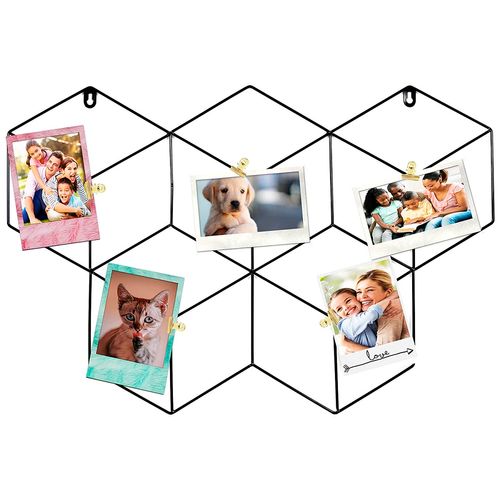 Grade porta fotos de metal hexágonos com prendedores 62x35cm Interponte