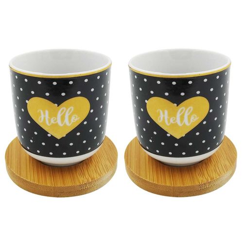 Jogo De Xicaras 4 Peças em Porcelana e Bambu