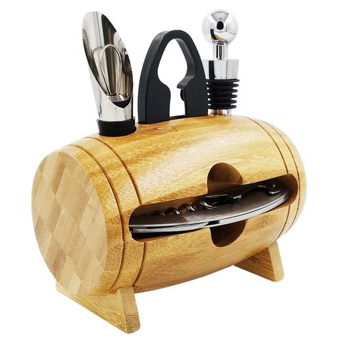 Kit Vinho C/ Suporte de Bambu 4 Peças em Metal Wellmix