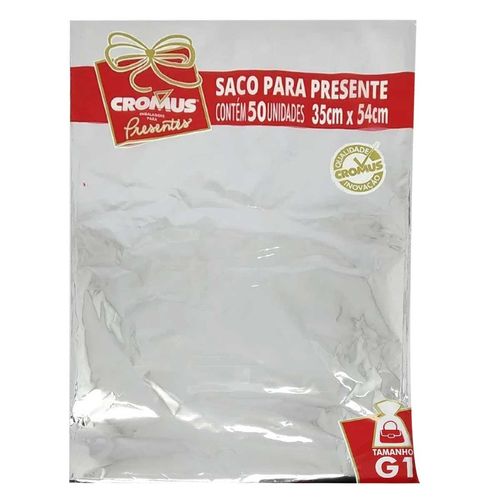 Saco P/ Presente Liso Prata 35x54cm em Plástico Cromus Embalagem