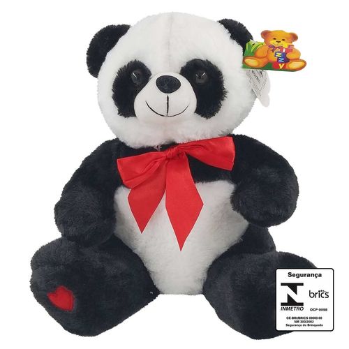 Urso Panda de Pelúcia C/ Laço 28cm em Poliéster Fizzy