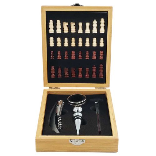 Kit Vinho C/ Jogo de Xadrez 5 Peças em Aço Inox/Bambu UniHome