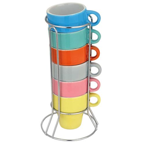 Jogo de Xícaras Empilháveis 6 Peças 50ml+ Suporte em Porcelana Livon