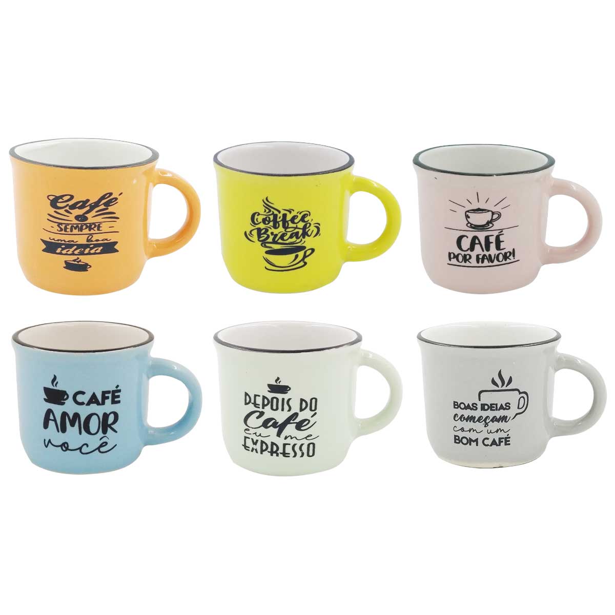 Jogo de Canecas 6 Peças 80ml em Porcelana Livon