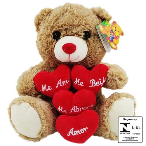 Urso de Pelúcia C/ 4 Corações 24x25cm em Poliéster Fizzy