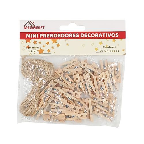Jogo de Mini Prendedores C/ Varal 50 Peças 2,5cm em MDF Megagift