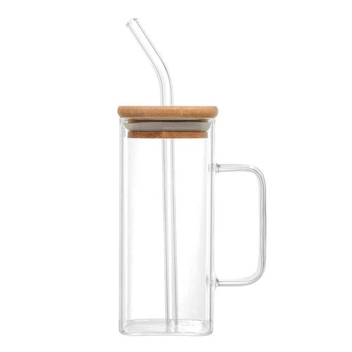 Caneca C/ Tampa + Canudo 400ml em Vidro Wolff