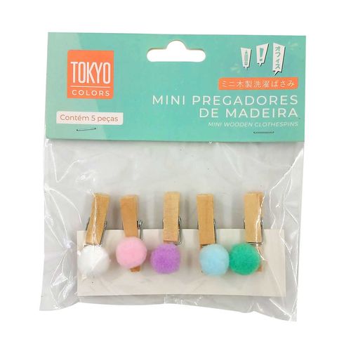 Mini Prendedor Pompom 5 Peças em Madeira Tokyo Design