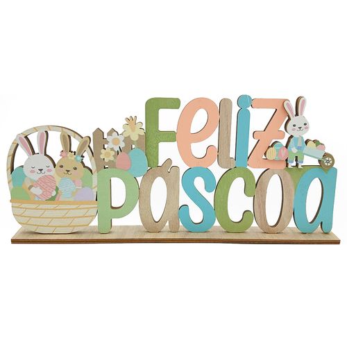Placa Feliz Páscoa Decorativa 30cm em MDF Multiart