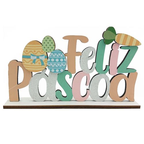 Placa Feliz Páscoa Decorativo 18cm em MDF Multiart