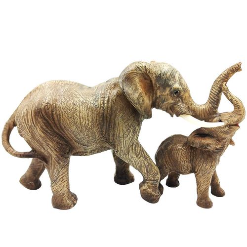 Elefante C/ Filhote Decorativo 19,5cm Em Resina Taimes