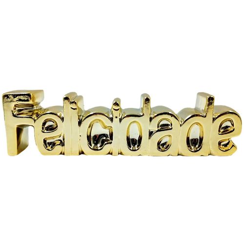 Palavra Felicidade Decorativa 23,5x6,5cm em Cerâmica Golden Rio