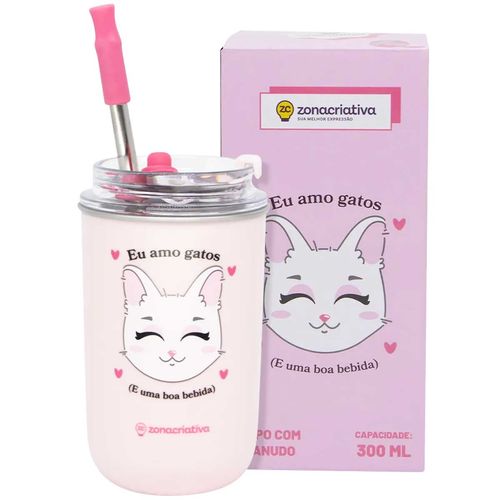 Copo C/ Canudo Eu Amo Gatos 300ml em Inox Zona Criativa
