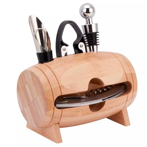 Kit Vinho Barril 4 Peças 13cm em Metal E Bambu UniHome