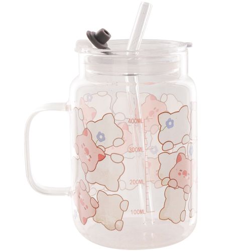 Caneca Pig C/ Tampa e Canudo 12,5cm em Vidro Word Classic