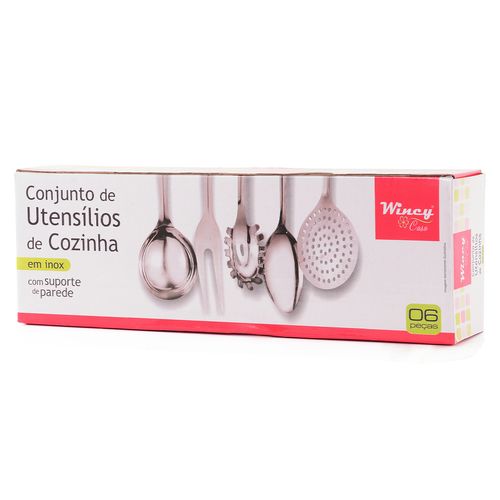 Kit Utensílios de Cozinha C/ Suporte 6 Peças em Aço Inox Wincy