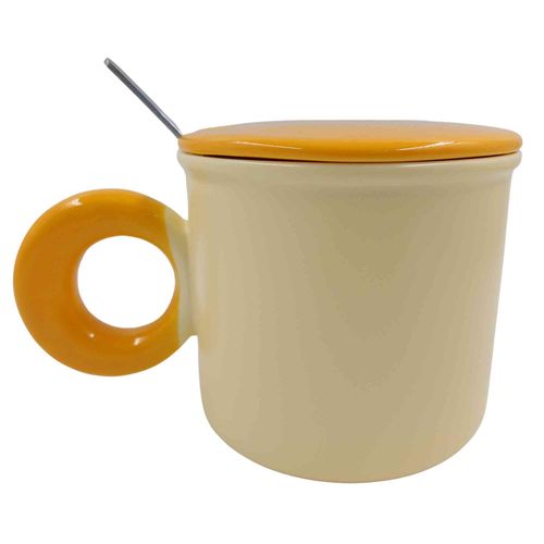 Caneca Ursinho C/ Tampa + Colher 400ml em Cerâmica Lila Cosméticas