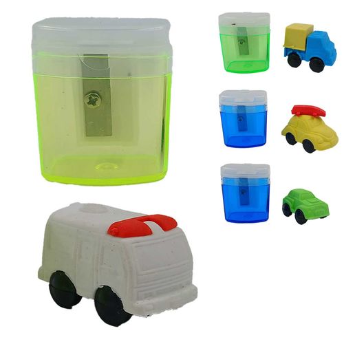 Kit Apontador + Borracha Carro 2 Peças em Plástico Interponte
