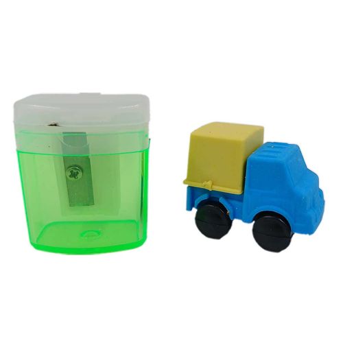 Kit Apontador + Borracha Carro 2 Peças em Plástico Interponte