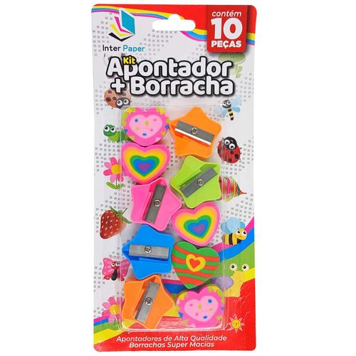 Kit Apontadores + Borrachas Divertidas 10 Peças em Plástico Interponte