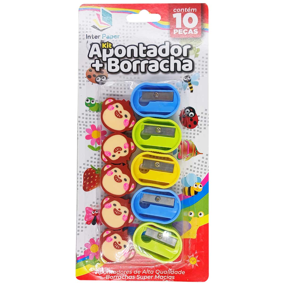 Kit Apontadores + Borrachas Divertidas 10 Peças em Plástico Interponte
