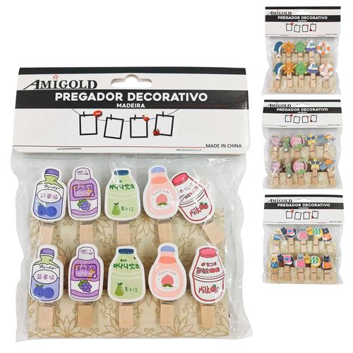 Jogo de Mini Prendedor Decorativo 10 Peças em MDF Amigold