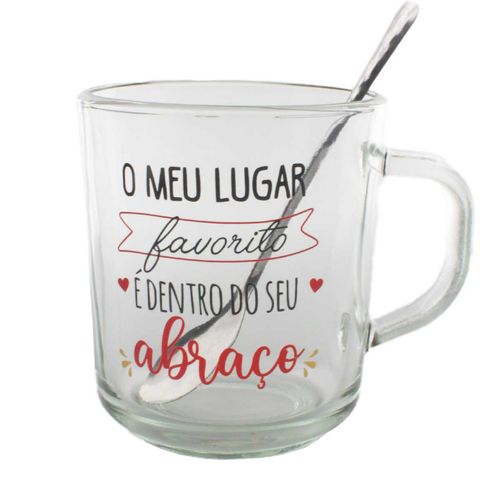 Kit Caneca C/ Colher 250ml em Vidro Fu Xing