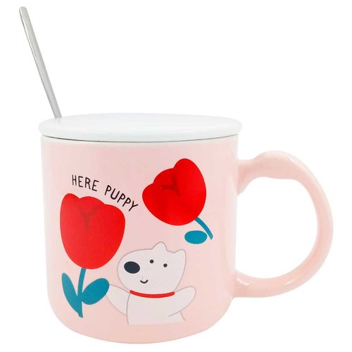 Caneca Cachorro C/ Tampa + Colher 400ml em Cerâmica Lila Cosméticos