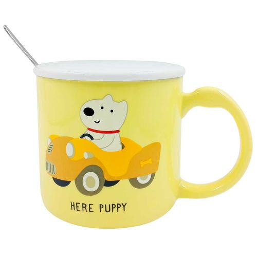 Caneca Cachorro C/ Tampa + Colher 400ml em Cerâmica Lila Cosméticos