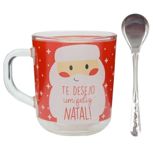 Kit Caneca C/ Colher Natalina 250ml em Vidro Fu Xing