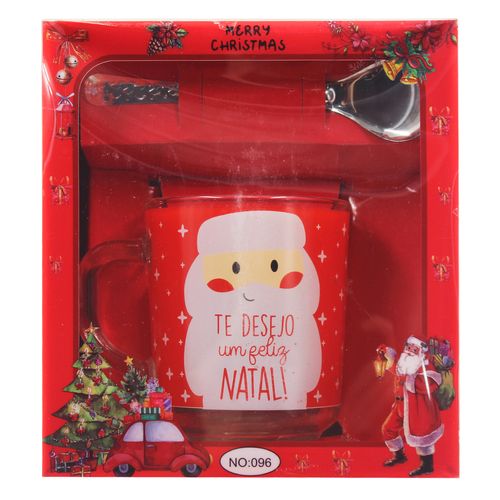 Kit Caneca C/ Colher Natalina 250ml em Vidro Fu Xing