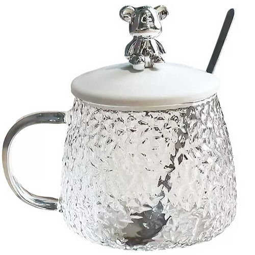 Caneca Urso C/ Tampa + Colher 400ml em Vidro Kehome